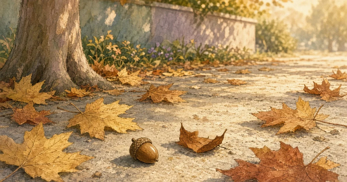 Fallen gold sycamore leaves on a sidewalk, seen from close to the ground