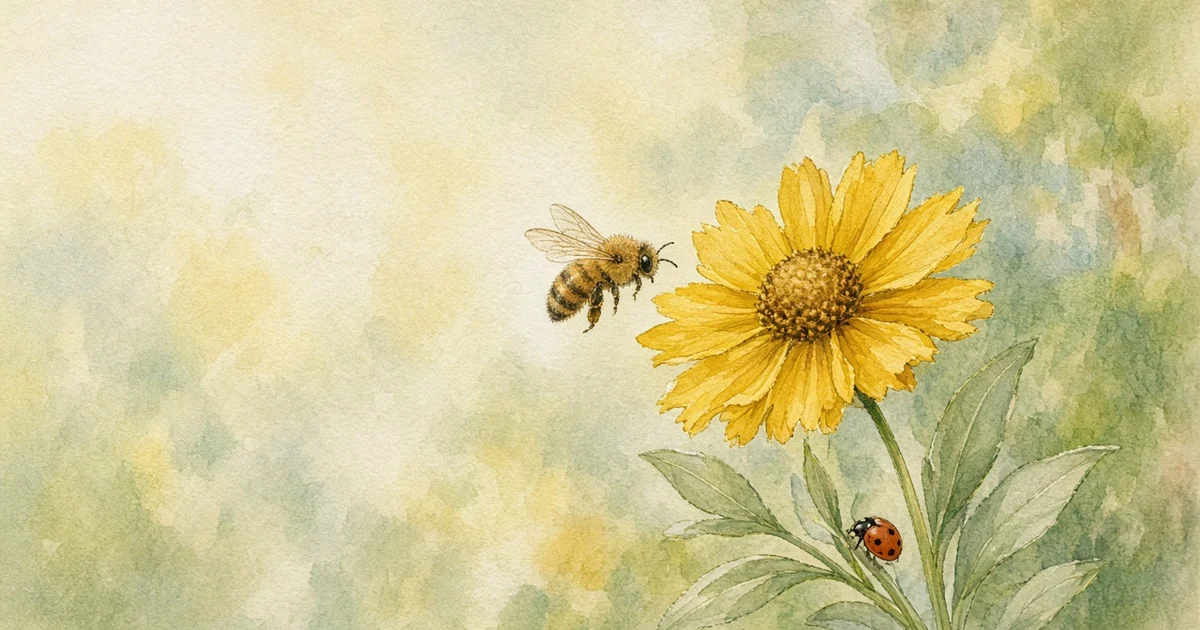 Watercolor honeybee hovering beside a yellow flower