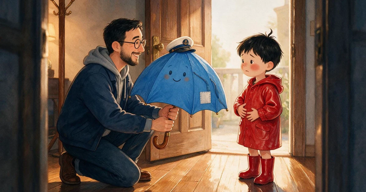 Dad kneels by the front door and offers Benny an old blue umbrella, from The Umbrella Named Captain Blue
