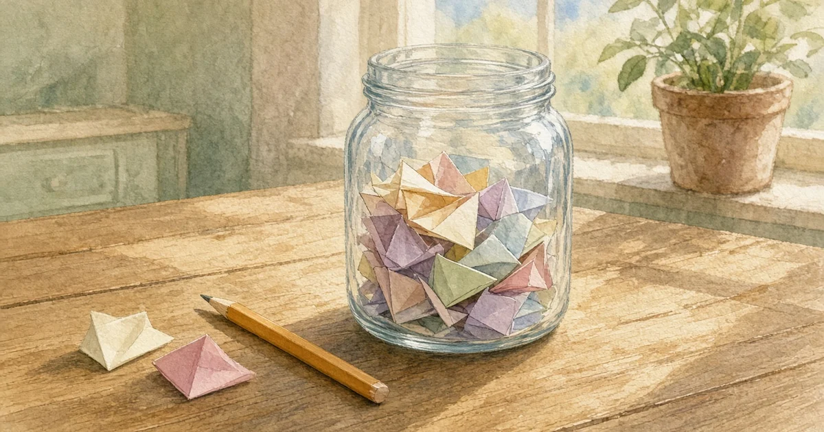 A clear glass jar filled with folded paper slips on a sunny kitchen table
