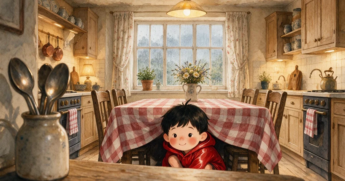 Benny in a red raincoat peeks out from under a checked tablecloth in a cozy kitchen, from The Umbrella Named Captain Blue