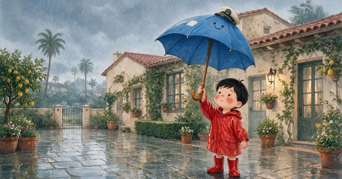 Benny in a red raincoat holds a smiling blue umbrella in a rainy courtyard, from The Umbrella Named Captain Blue