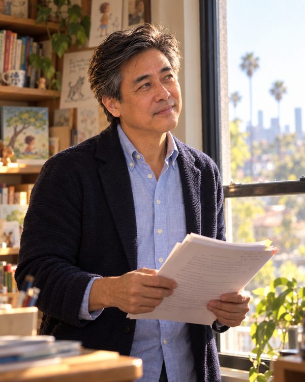 Ronald Moy reading over manuscript pages beside a sunny window