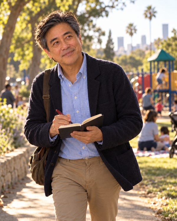Ronald Moy writing in a small notebook while walking along a sunny path
