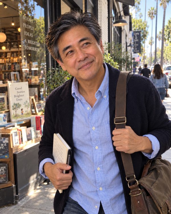 Ronald Moy walking down a sunny street with a satchel and a notebook
