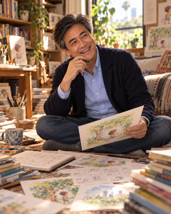 Ronald Moy sitting on the floor surrounded by picture-book sketches