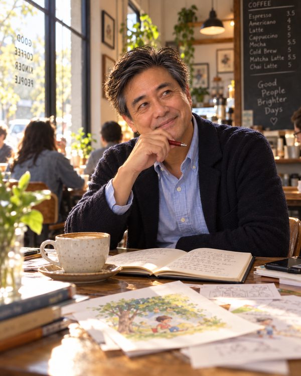 Ronald Moy writing in a notebook at a table, pen in hand